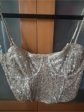 For Love & Lemons Silver Sequin Strapless Crop Top